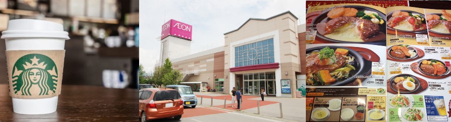 Aeon Mall variety stores, supermarkets and family restaurants are available in Saku City